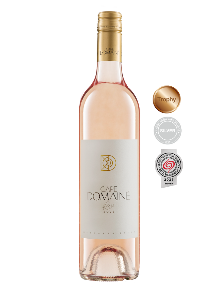 Cape Domaine wine bottle with awards on a white background