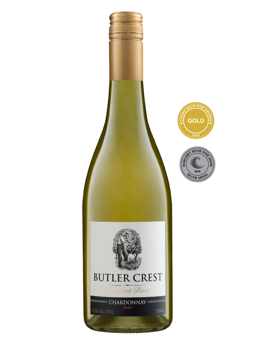 Butler Crest Chardonnay wine bottle with gold foil cap and award badges on a white background