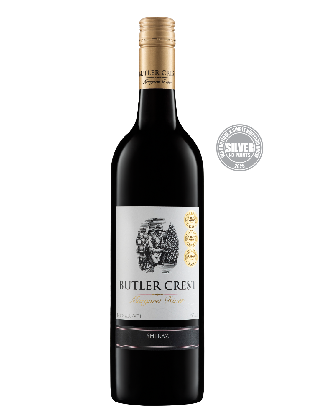 Butler Crest Shiraz wine bottle with a gold foil cap on a white background