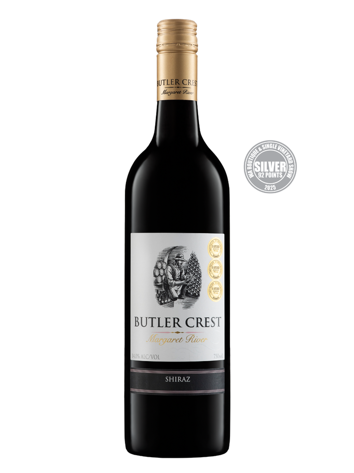 Butler Crest Shiraz wine bottle with a gold foil cap on a white background