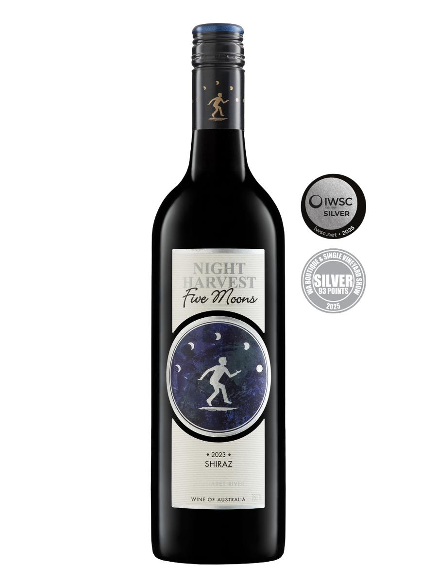 Wine bottle labeled 'Night Harvest Five Moons' with a white background