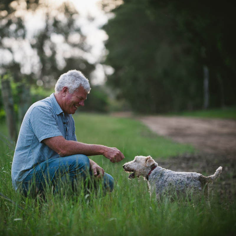 Andy and Dog in Vineyards in Margaret River Australia at Greenpiper Wines